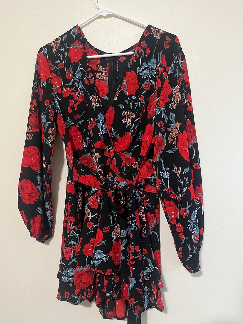 Black Floral Wrap Romper with Red Roses